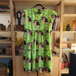 Nooworks Bright Lime Green Novelty Midi Dress with Black & Pink Motif